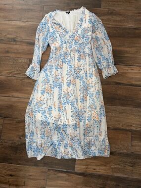 Floral V-Neck Midi Dress in Blue and Orange